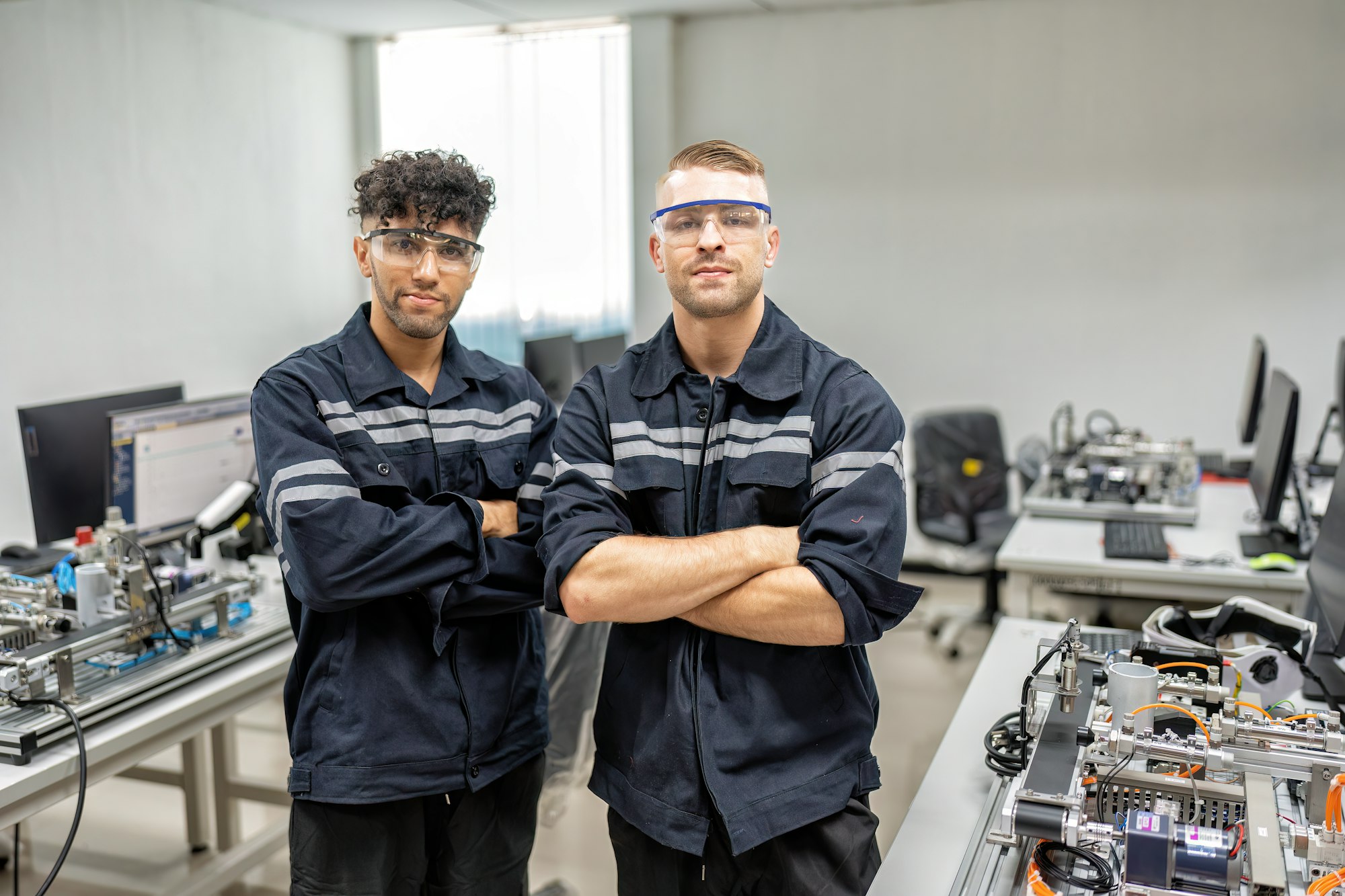 Engineer stand in robot fabrication room quality checking electronic control board engineering