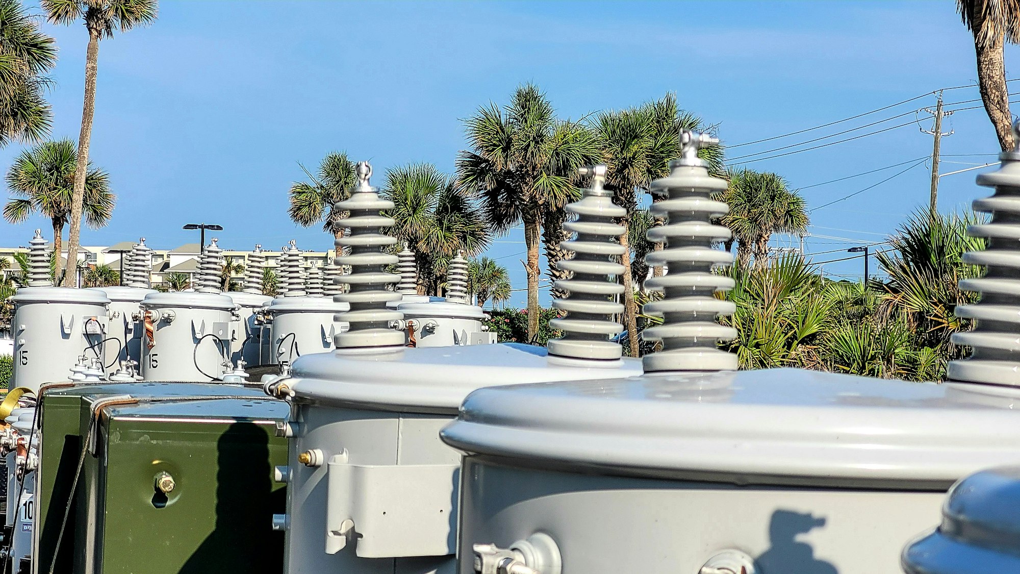 Pole mounted transformers ready to use as electromagnetic devices for energy among palms.